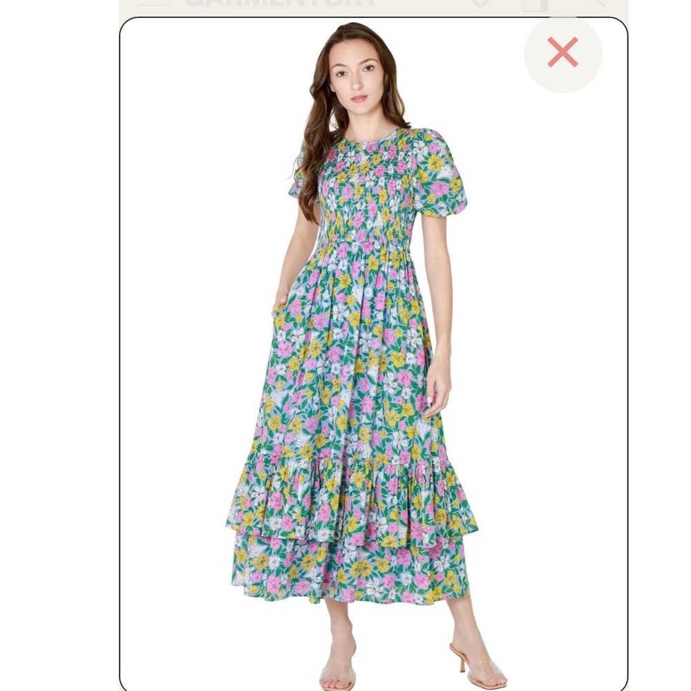 Banjanan Quant Floral Ruffle Maxi Dress Short Sleeve Size Medium